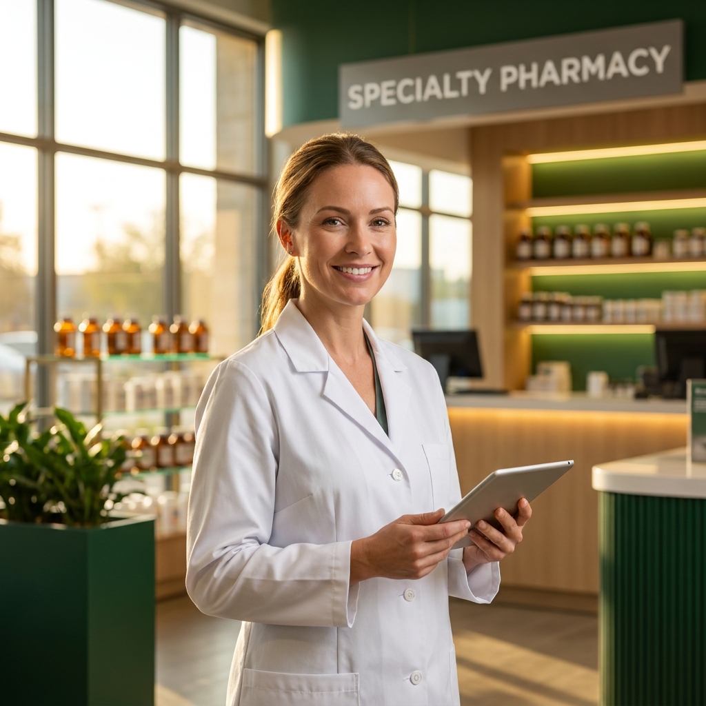Pharmacy professional in modern specialty pharmacy setting representing specialty pharmacy jobs growth