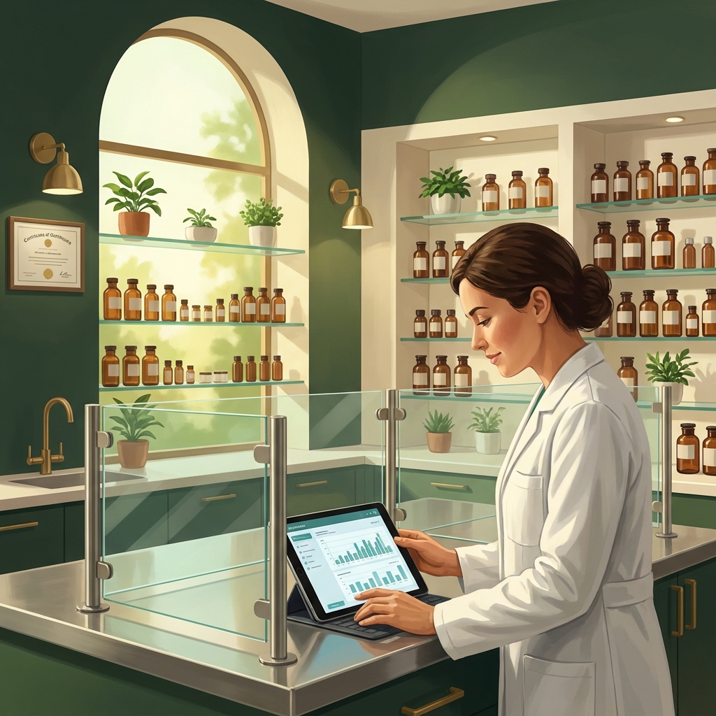 Pharmacist reviewing formulation at an oxytocin compounding pharmacy lab