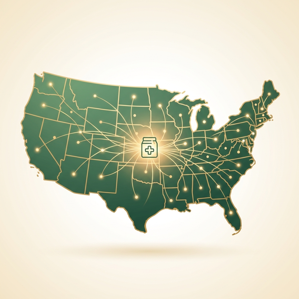 Illustration of nationwide network symbolizing compounding pharmacy near me reach across the US