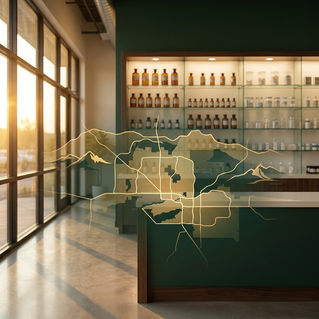 Compounding pharmacy Phoenix metro area map overlay in a modern pharmacy setting
