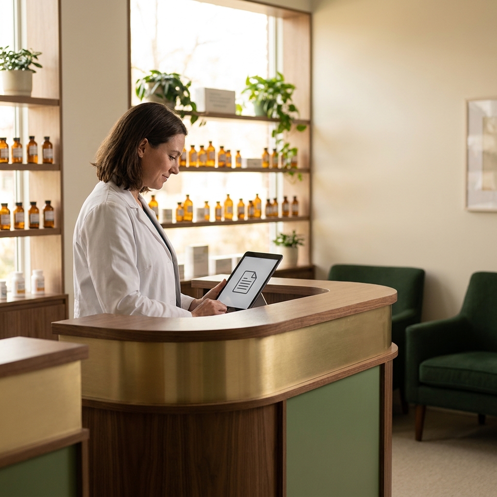 Pharmacist reviewing regulations at a BPC-157 compounding pharmacy consultation counter