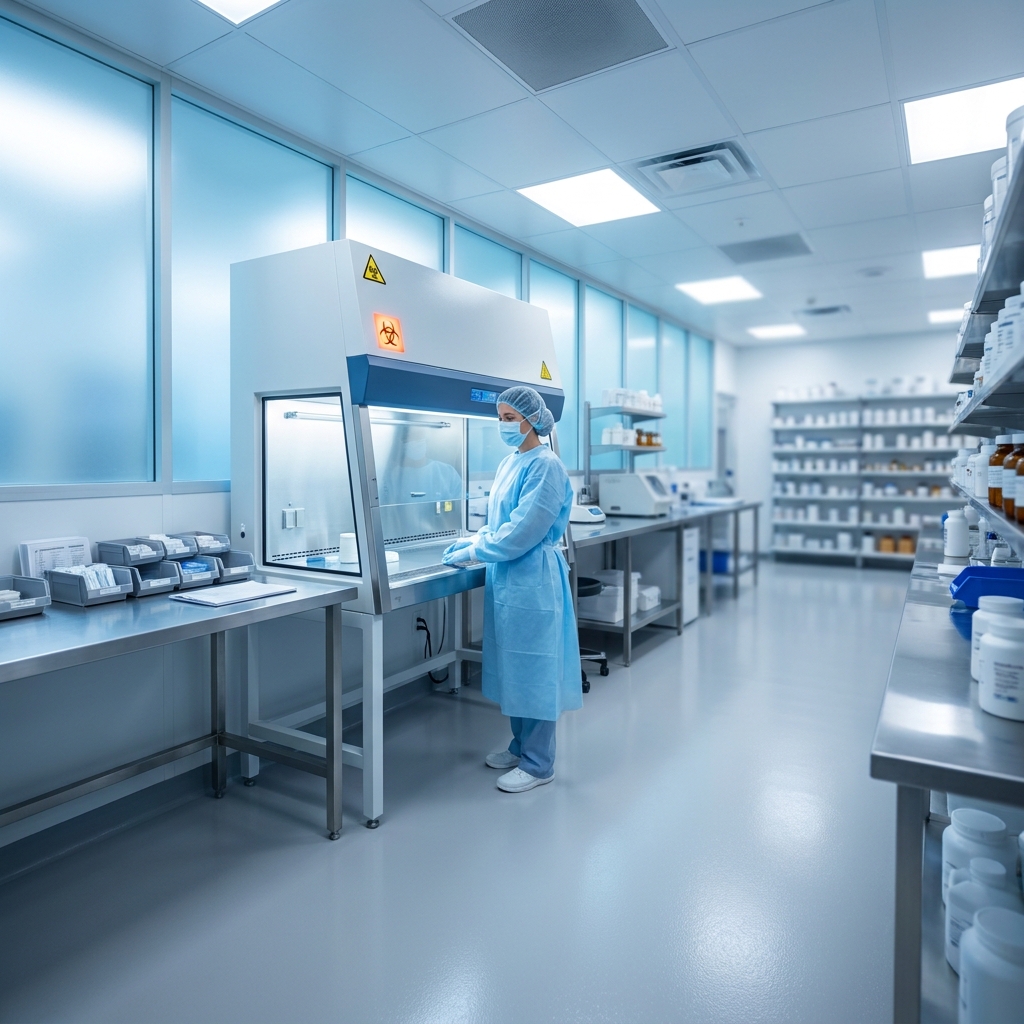 Pharmacist in protective gear near containment unit illustrating what is USP 800 compliance in pharmacy