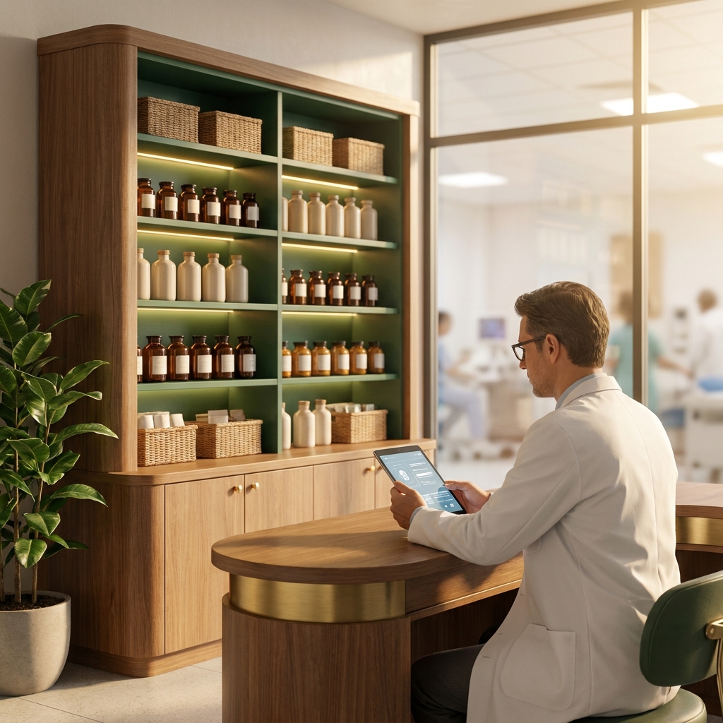 Pharmacist reviewing specialty pharmacy services on tablet in a modern compounding pharmacy