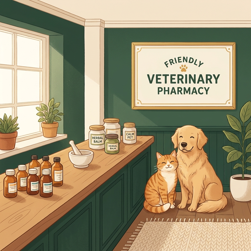Illustration of animal compounding pharmacy with cat and dog beside medicine bottles
