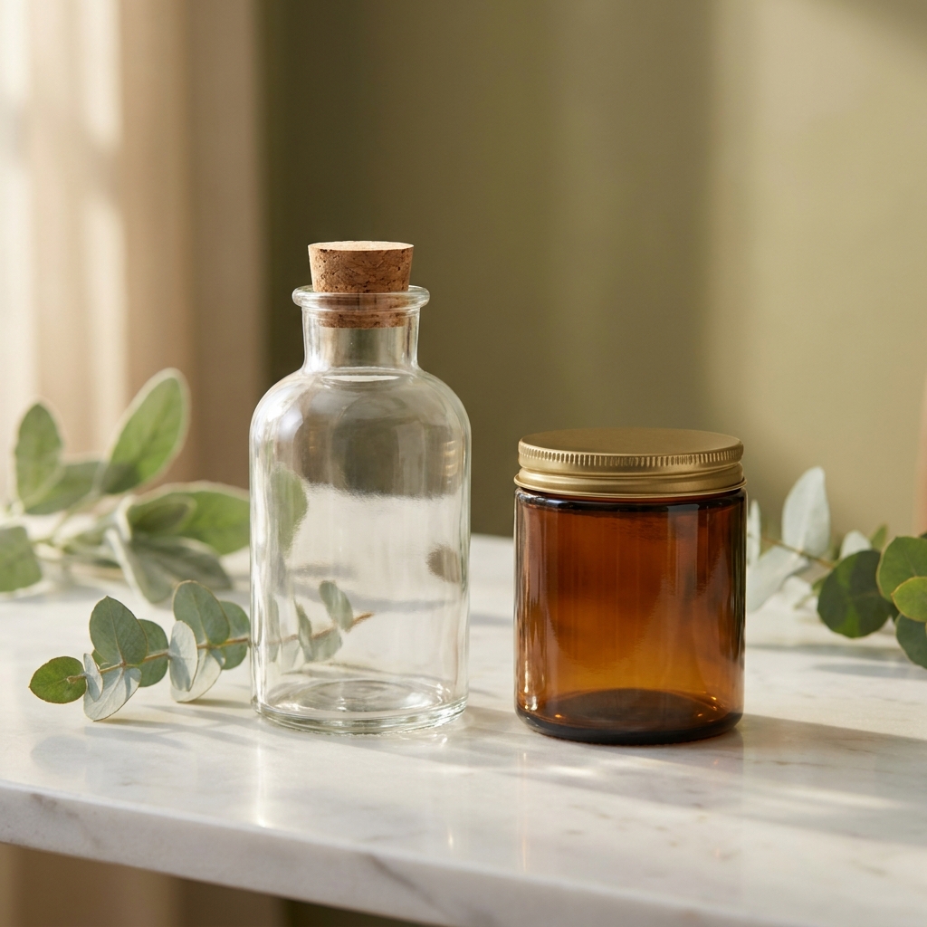 Clean-label pharmacy bottles with green botanicals, symbolizing green compounding pharmacy care
