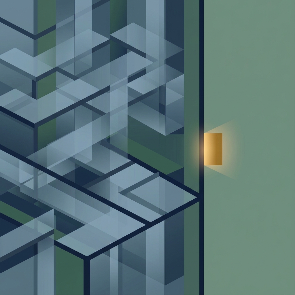 Maze-like structure symbolizing Optum Specialty Pharmacy's complex PBM system versus an open path