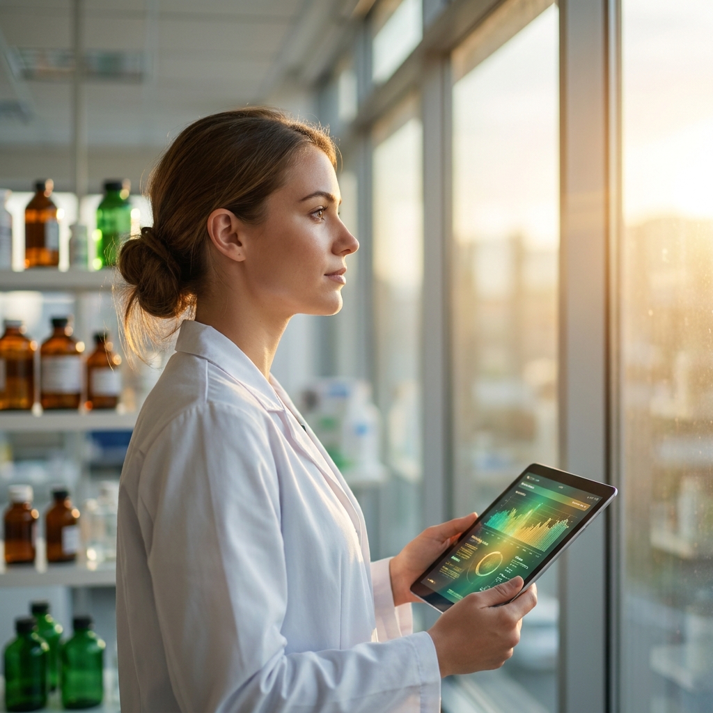 Pharmacist reflecting on career growth in personalized medicine jobs within a modern compounding pharmacy