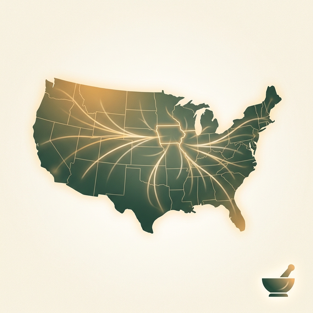 Glowing US map illustrating Morgan Compounding Pharmacy's Georgia-only reach vs nationwide options