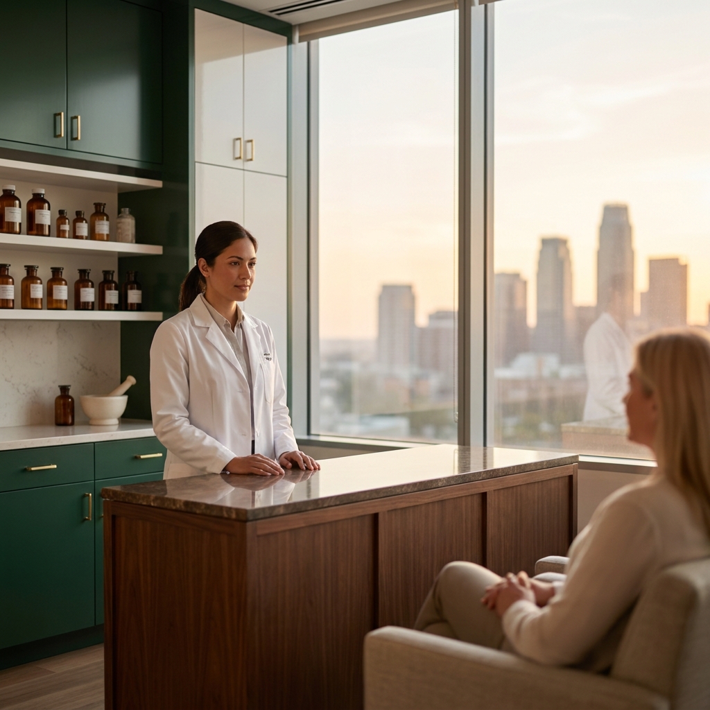 Professional pharmacist in a modern compounding pharmacy in Houston, Texas consultation room