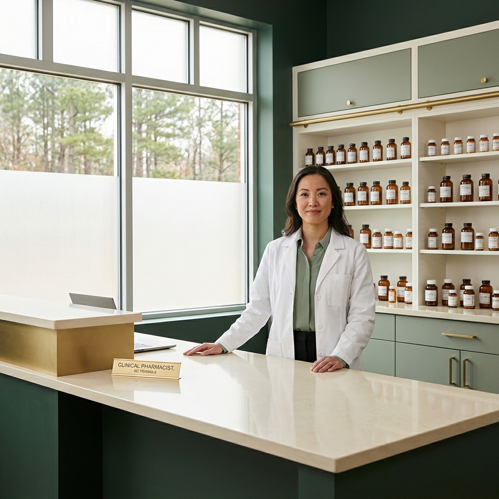 Pharmacist in modern pharmacy representing trusted triangle compounding pharmacy standards