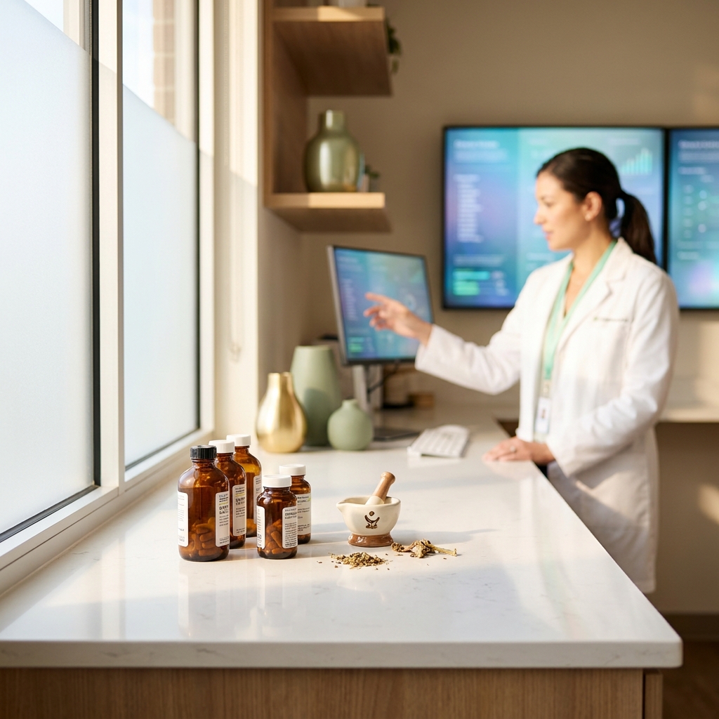 Pharmacist in modern specialty pharmacy setting representing Senderra Specialty Pharmacy care