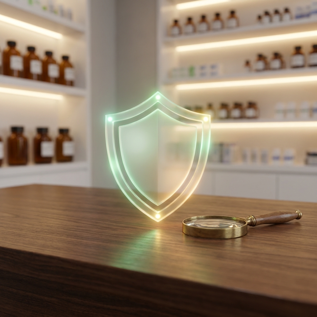 Glowing shield symbolizing trust verification for integrity compounding pharmacy selection