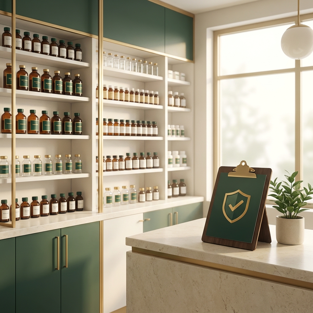 Modern compounding pharmacy Louisville shelf with quality checklist symbolizing safety credentials