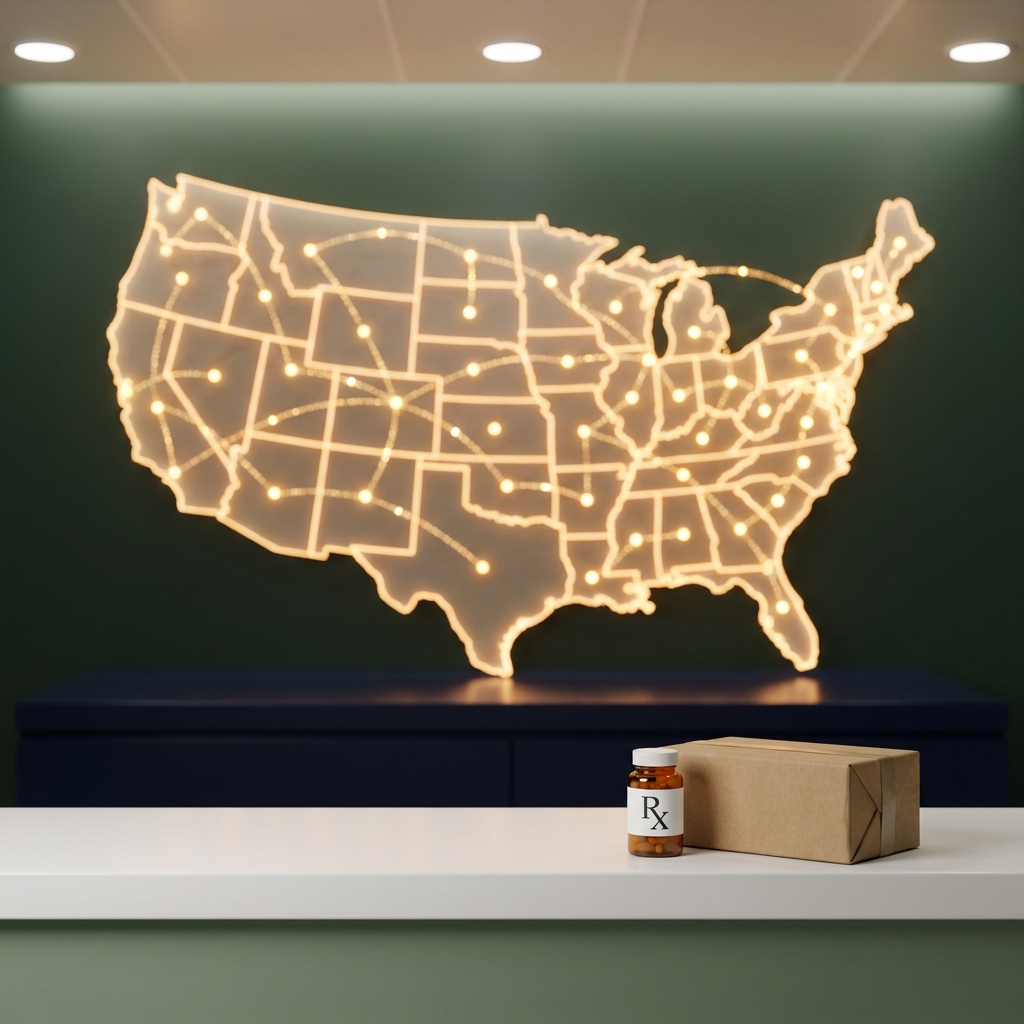 Glowing US map symbolizing Koshland Pharm custom compounding pharmacy shipping reach
