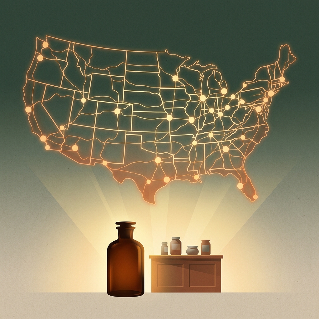 Conceptual map illustration representing a community compounding pharmacy connecting patients nationwide