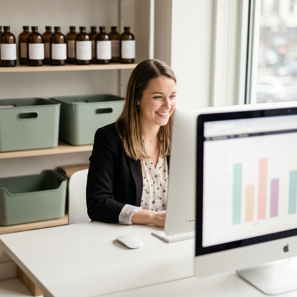 Confident professional at a pharmacy office desk, representing a specialty pharmacy job pathway