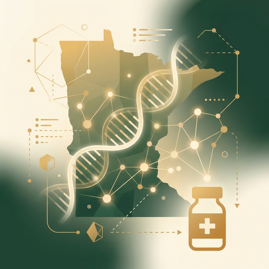 Abstract illustration symbolizing MN personalized medicine connecting genomic research to prescriptions