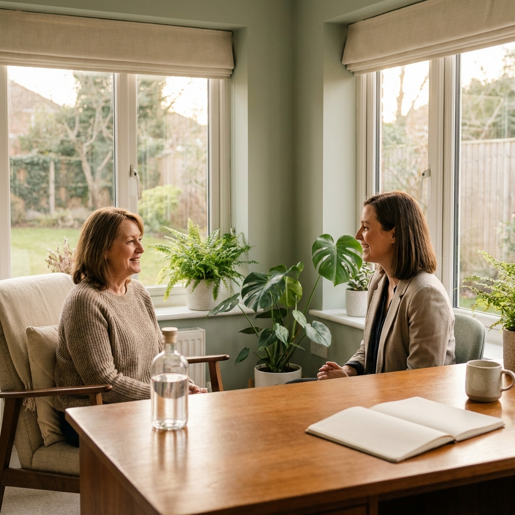 Calm consultation scene representing hormone replacement therapy vs bioidentical guidance