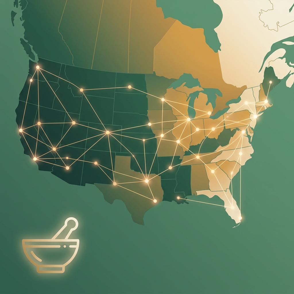 Stylized U.S. map illustration symbolizing Valor Compounding Pharmacy's nationwide shipping reach
