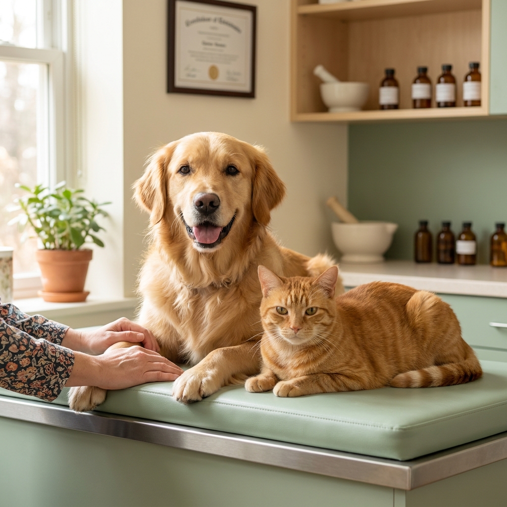 Calm dog and cat at a specialty veterinary pharmacy representing personalized pet medication care
