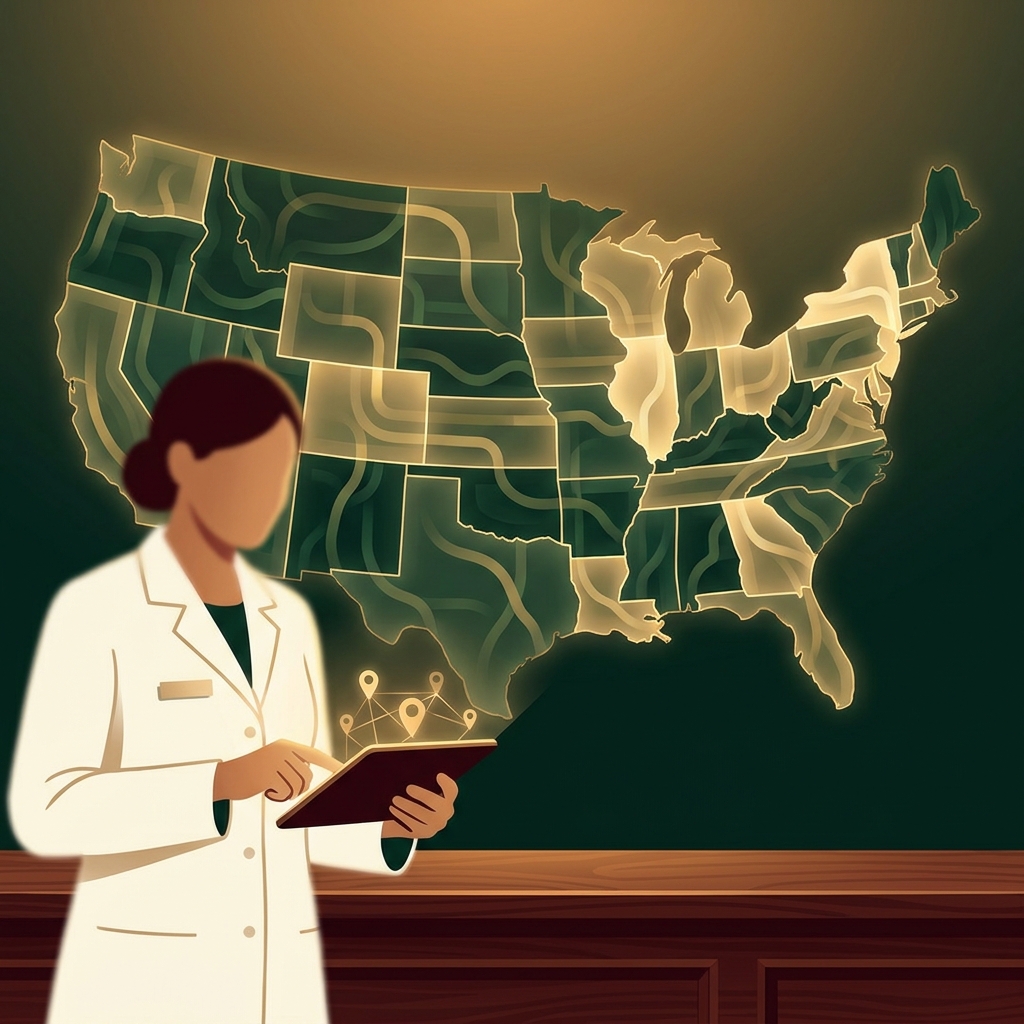 Illustrated US map representing licensing coverage of a compounding pharmacy USA network