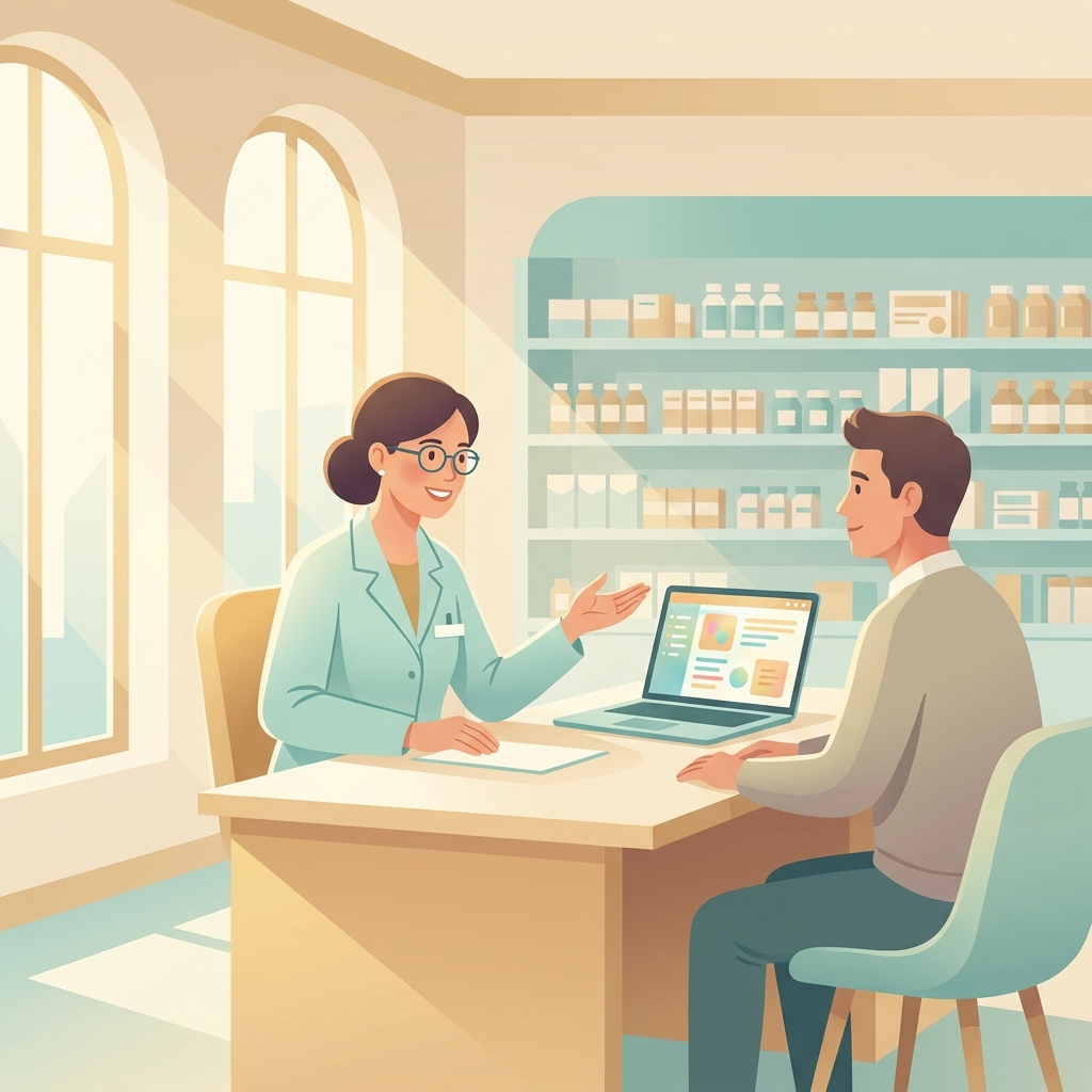 Illustration of a pharmacist helping a patient, representing Acaria Specialty Pharmacy support