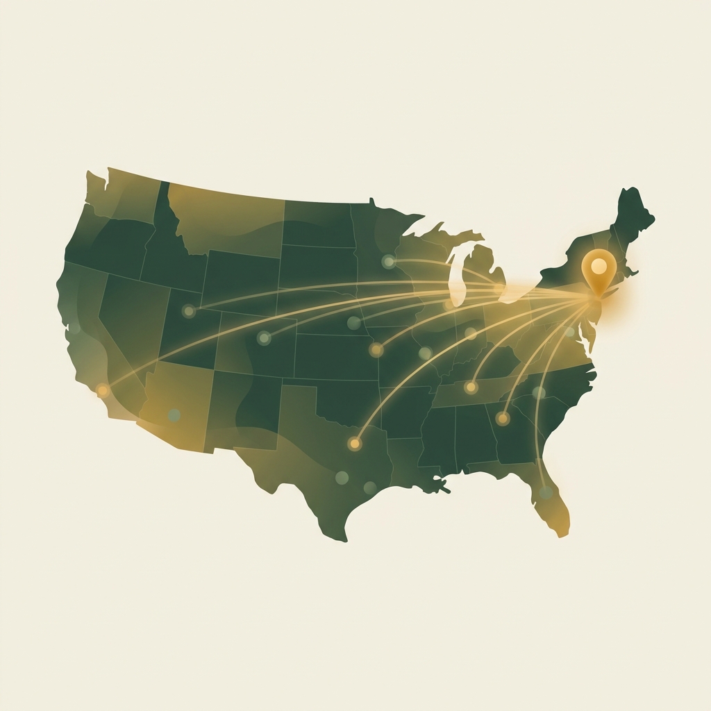 Conceptual map illustrating Enexia Specialty Pharmacy's NYC reach versus nationwide coverage