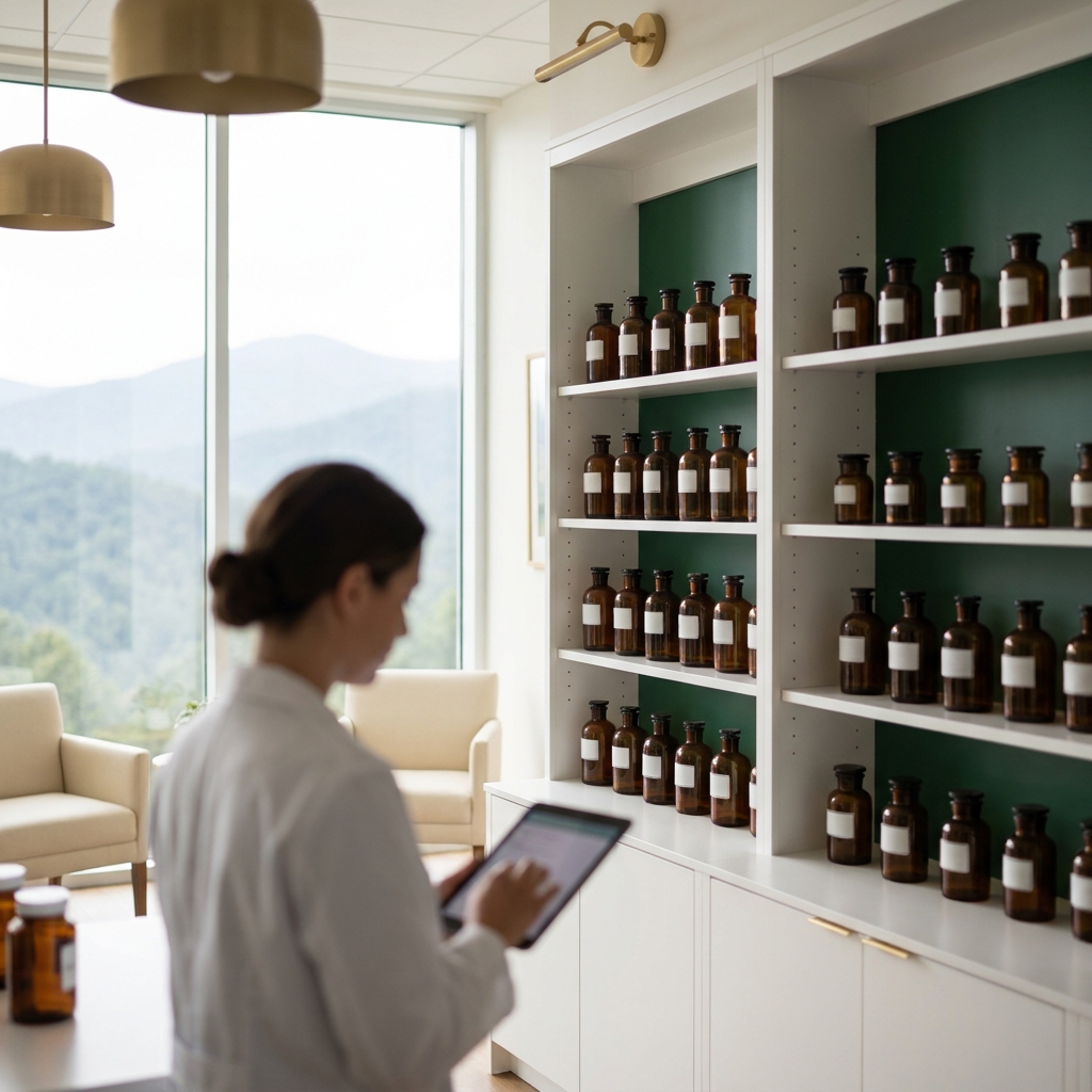 Modern compounding pharmacy asheville interior with mountain view and pharmacist reviewing records