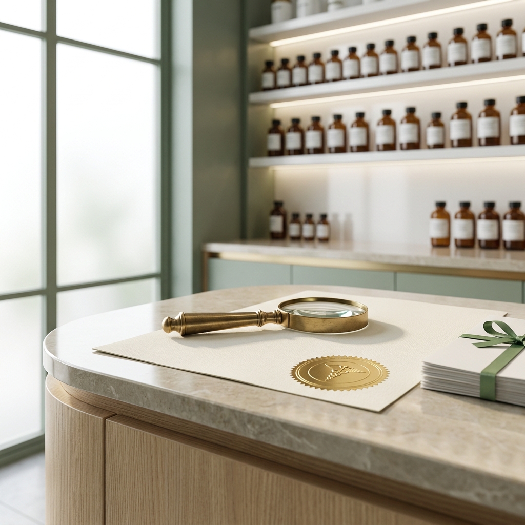 Magnifying glass over accreditation documents symbolizing a Strive Compounding Pharmacy facts check