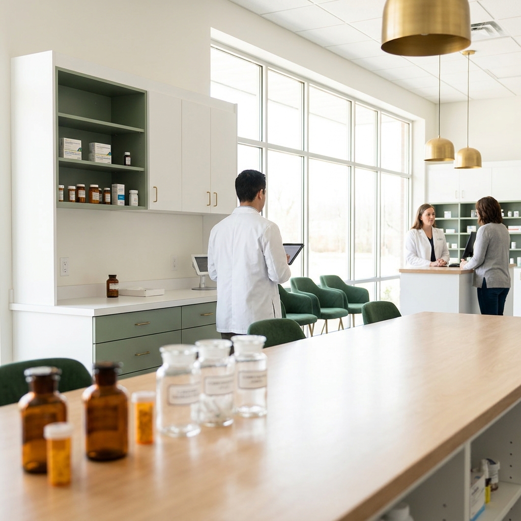 Modern Lexington compounding pharmacy interior with pharmacist reviewing prescriptions
