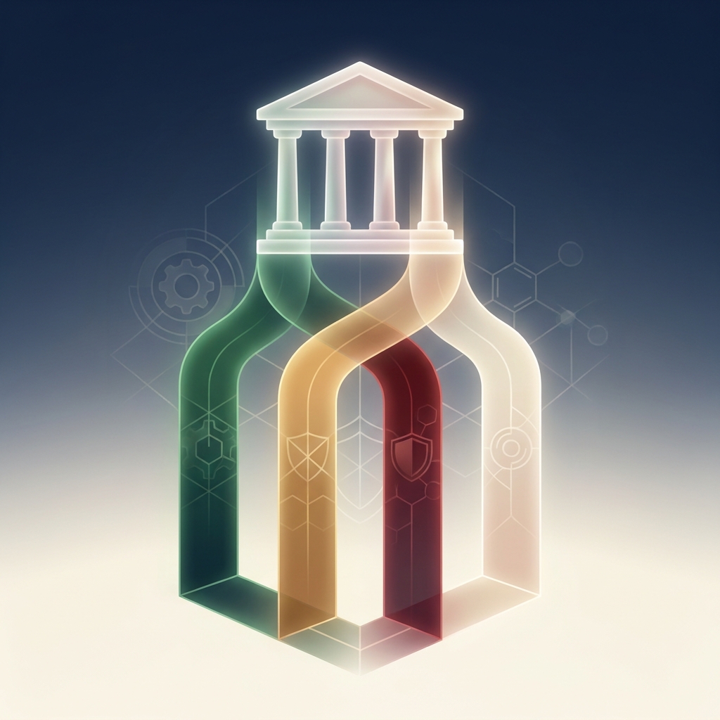 Four pillars of light symbolizing the board of specialty pharmacy regulatory bodies