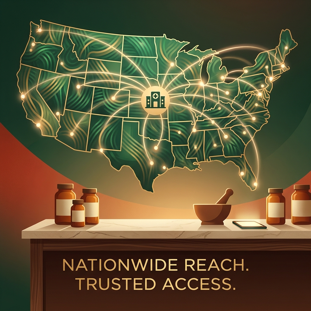 Illustration of nationwide pharmacy network versus Marty's Compounding Pharmacy local reach