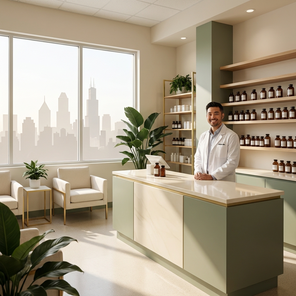 Modern pharmacy interior representing Las Colinas Pharmacy Compounding & Wellness in Irving, TX