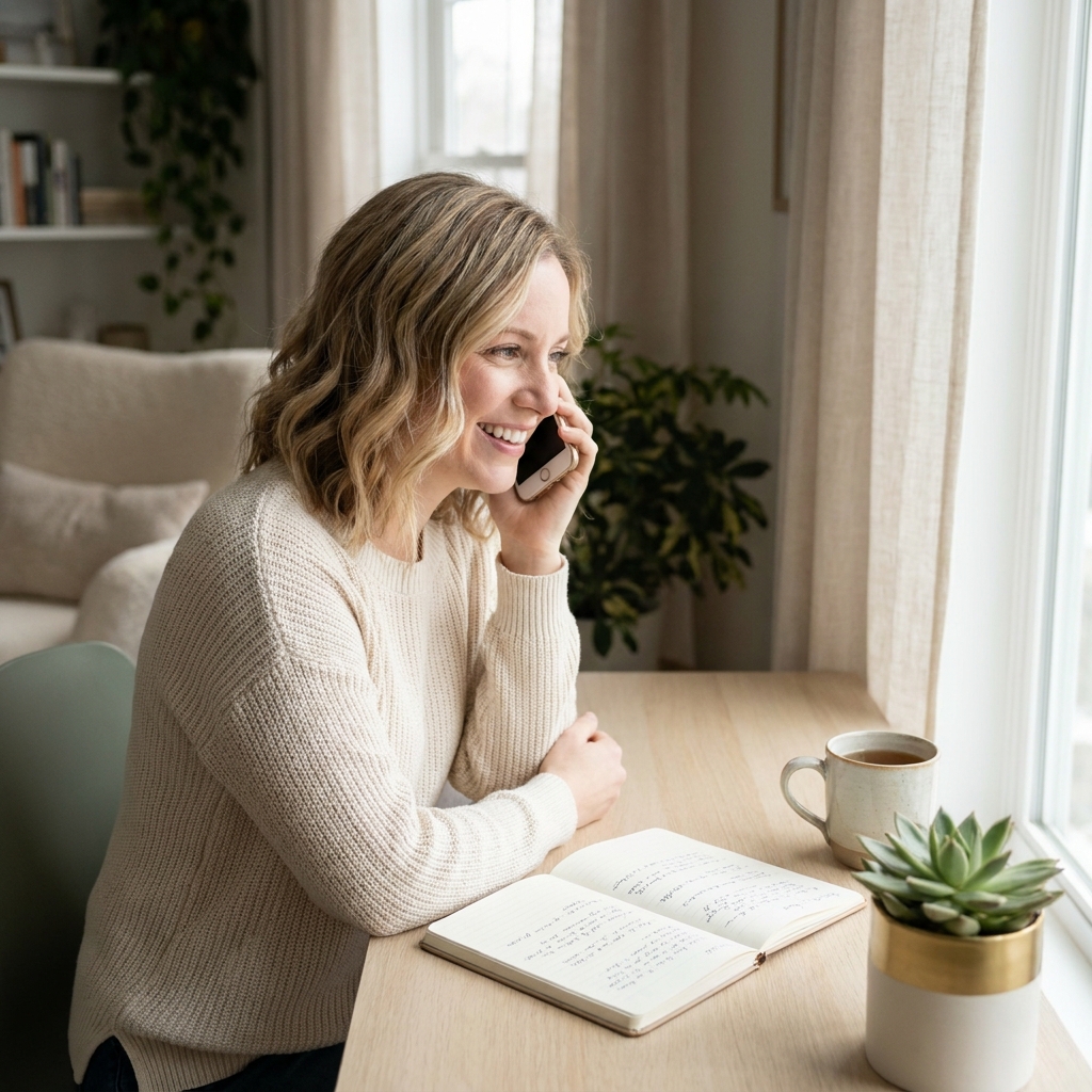 Woman calmly on phone call, representing finding the right cvs specialty pharmacy phone number